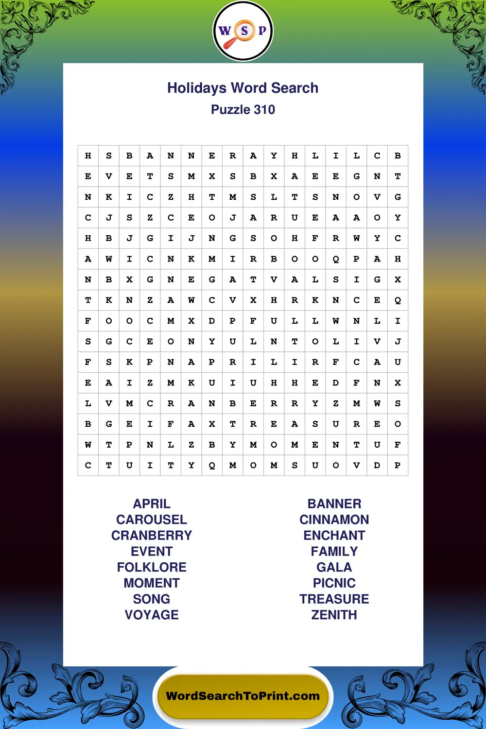 Holidays Word Search Puzzle 310