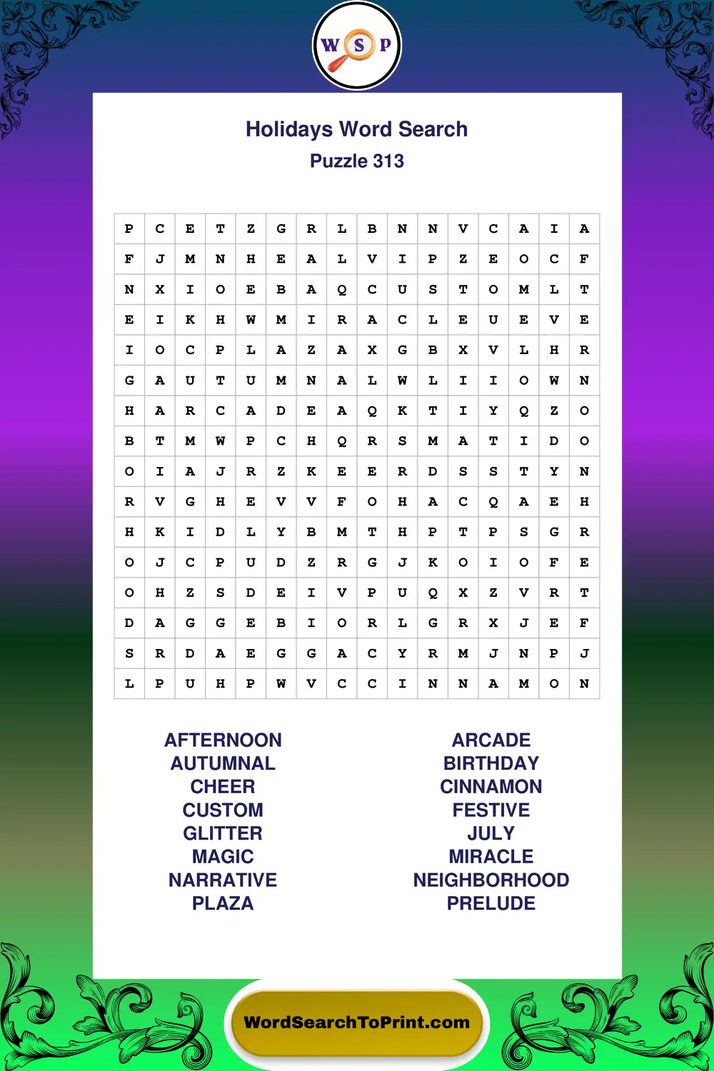Holidays Word Search Puzzle 313
