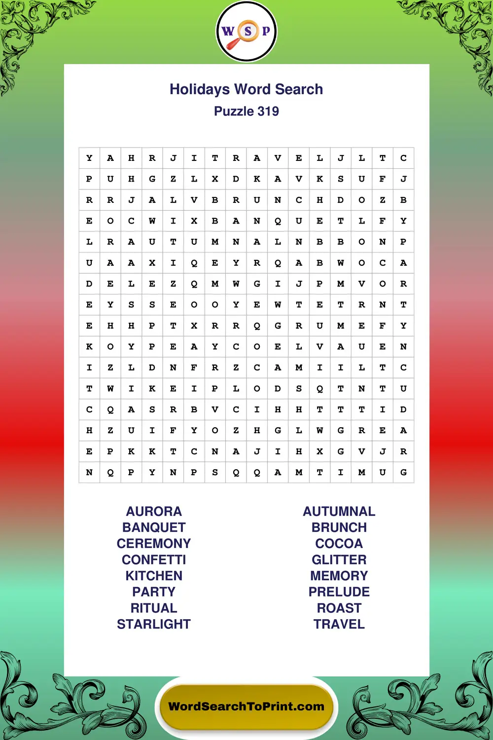 Holidays Word Search Puzzle 319
