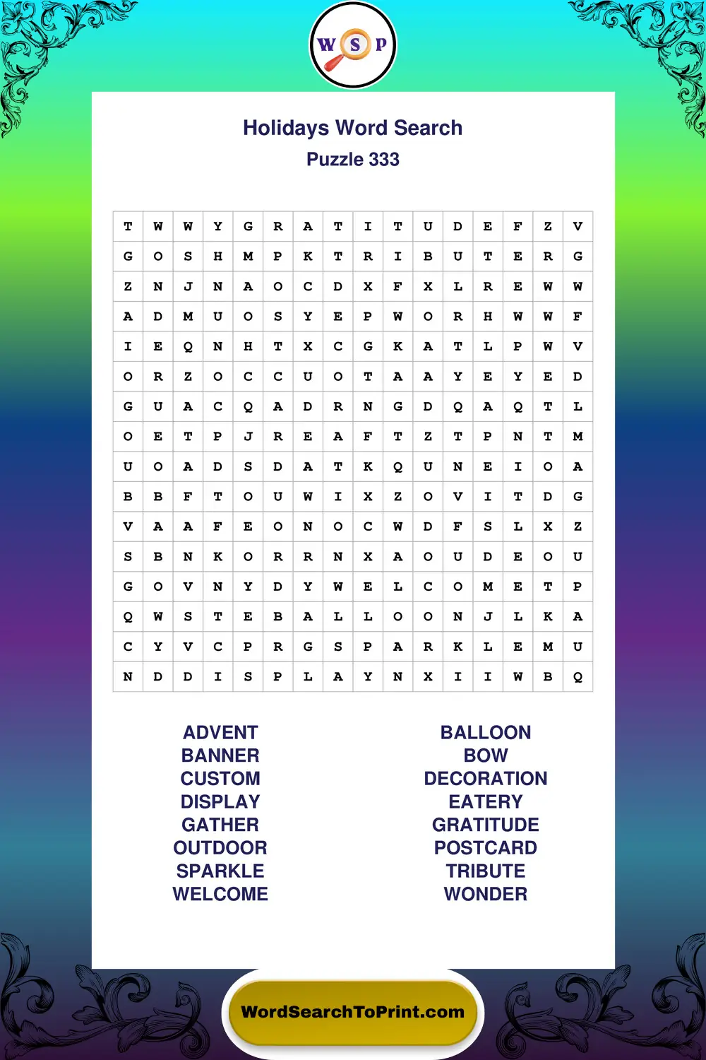 Holidays Word Search Puzzle 333