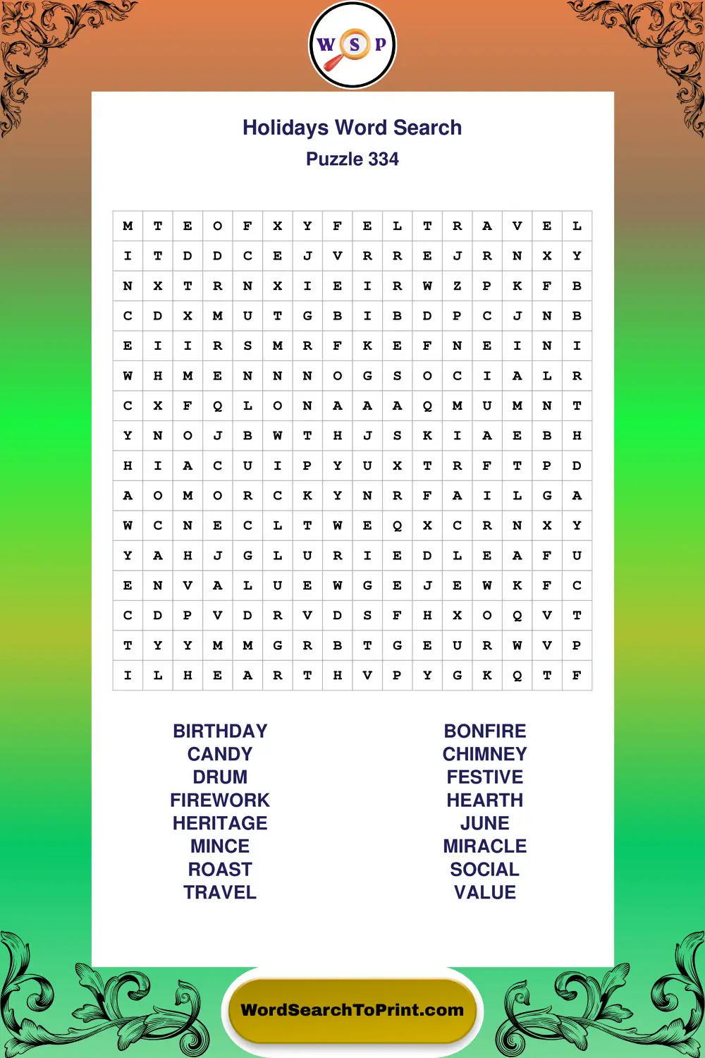Holidays Word Search Puzzle 334