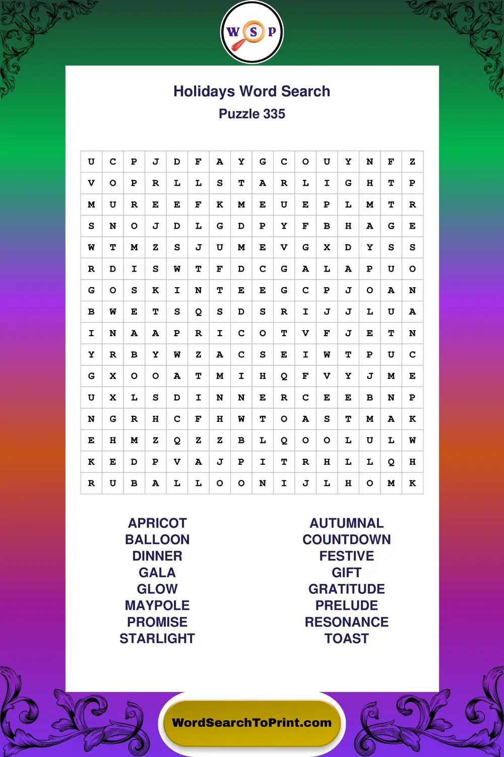 Holidays Word Search Puzzle 335