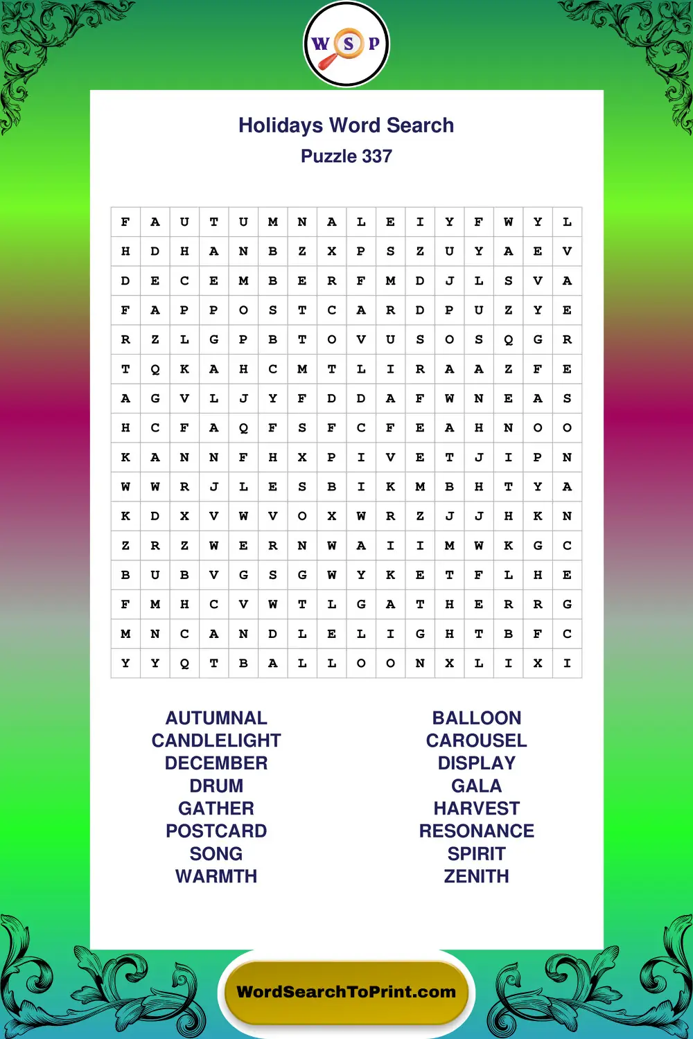 Holidays Word Search Puzzle 337