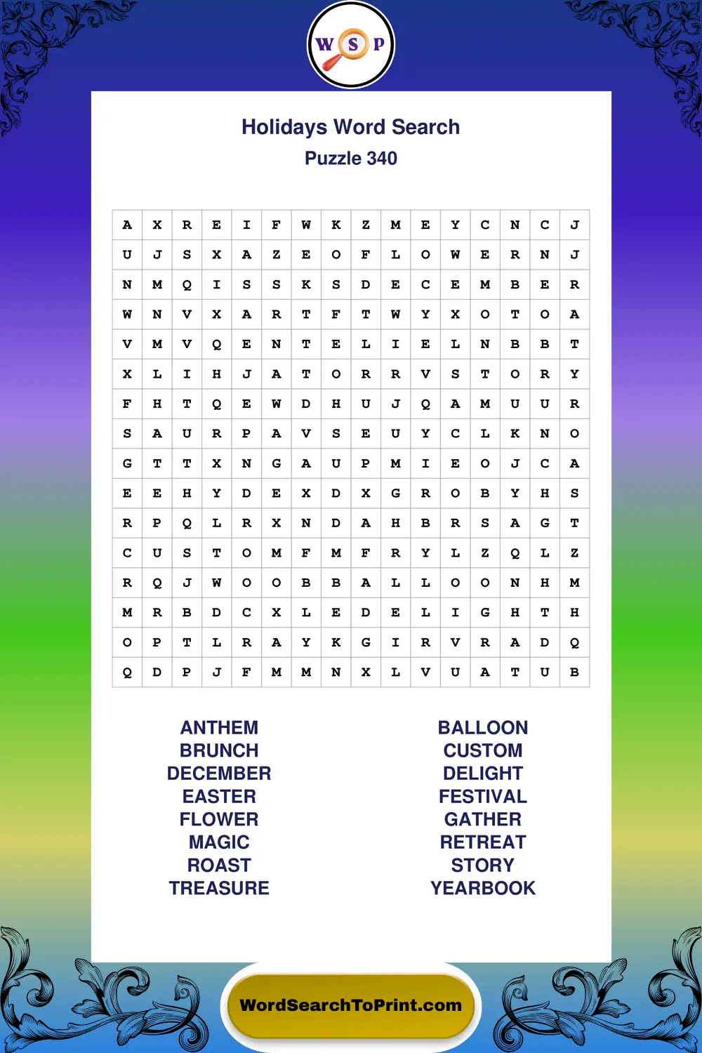 Holidays Word Search Puzzle 340