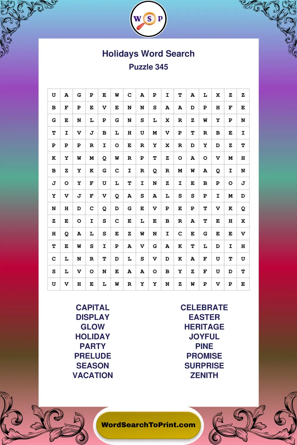 Holidays Word Search Puzzle 345