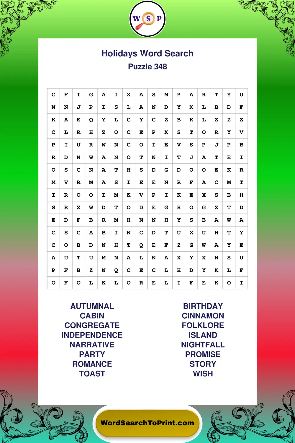 Holidays Word Search Puzzle 348