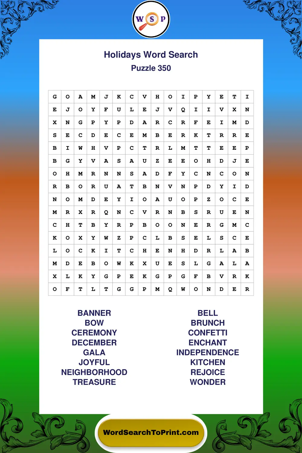 Holidays Word Search Puzzle 350