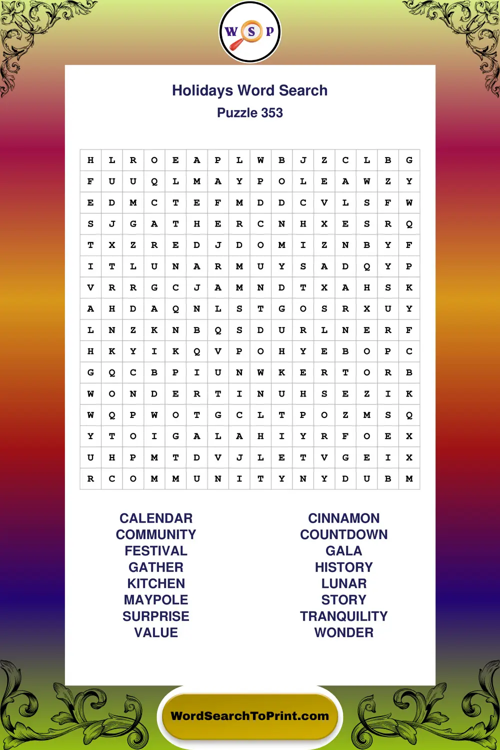 Holidays Word Search Puzzle 353