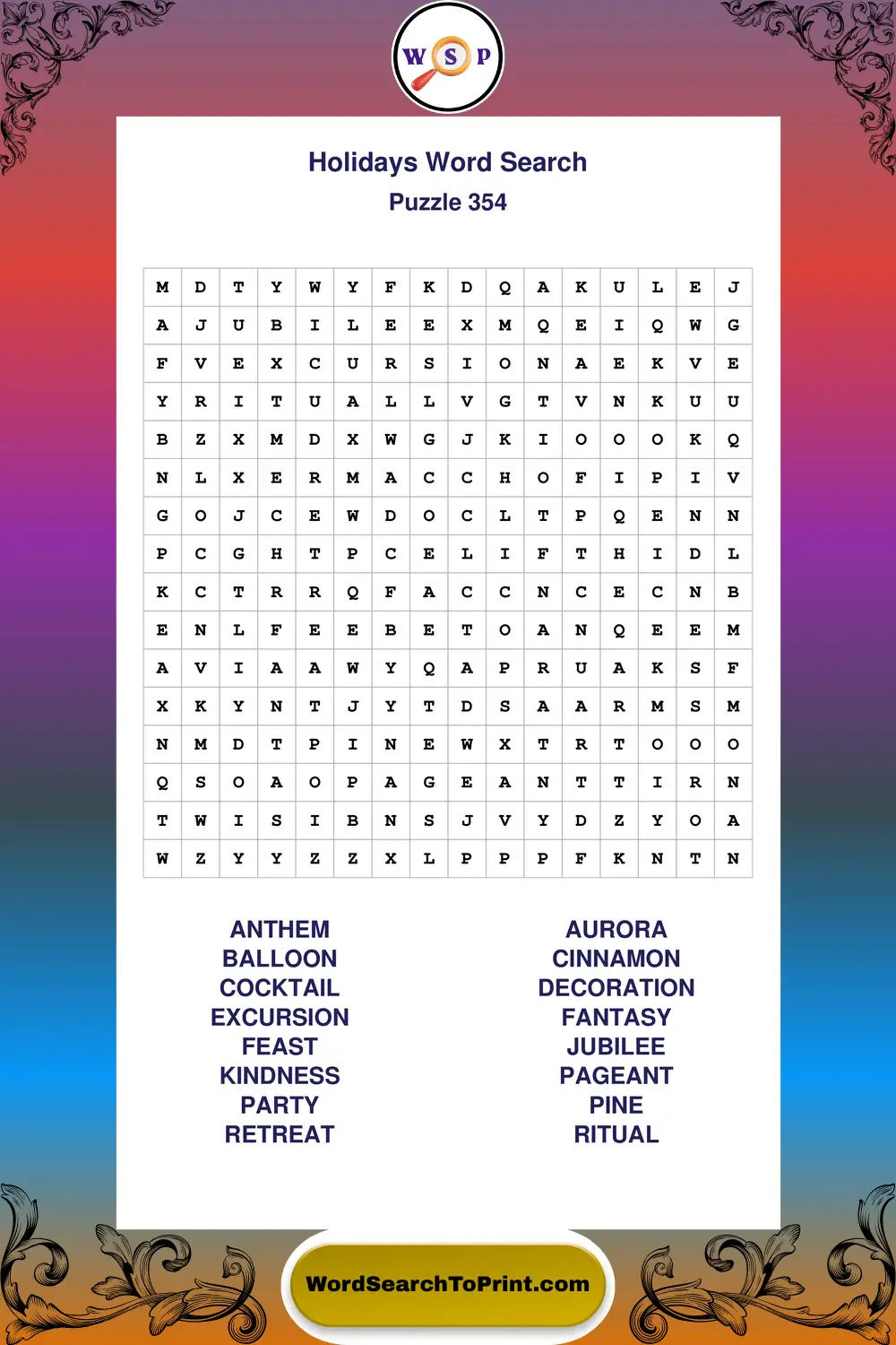 Holidays Word Search Puzzle 354