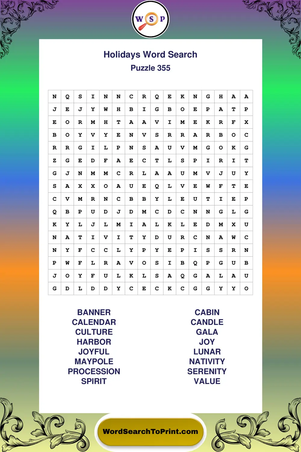 Holidays Word Search Puzzle 355