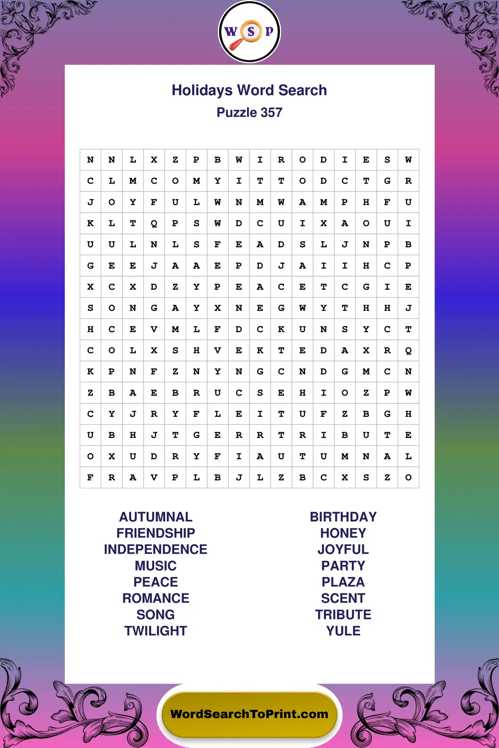 Holidays Word Search Puzzle 357