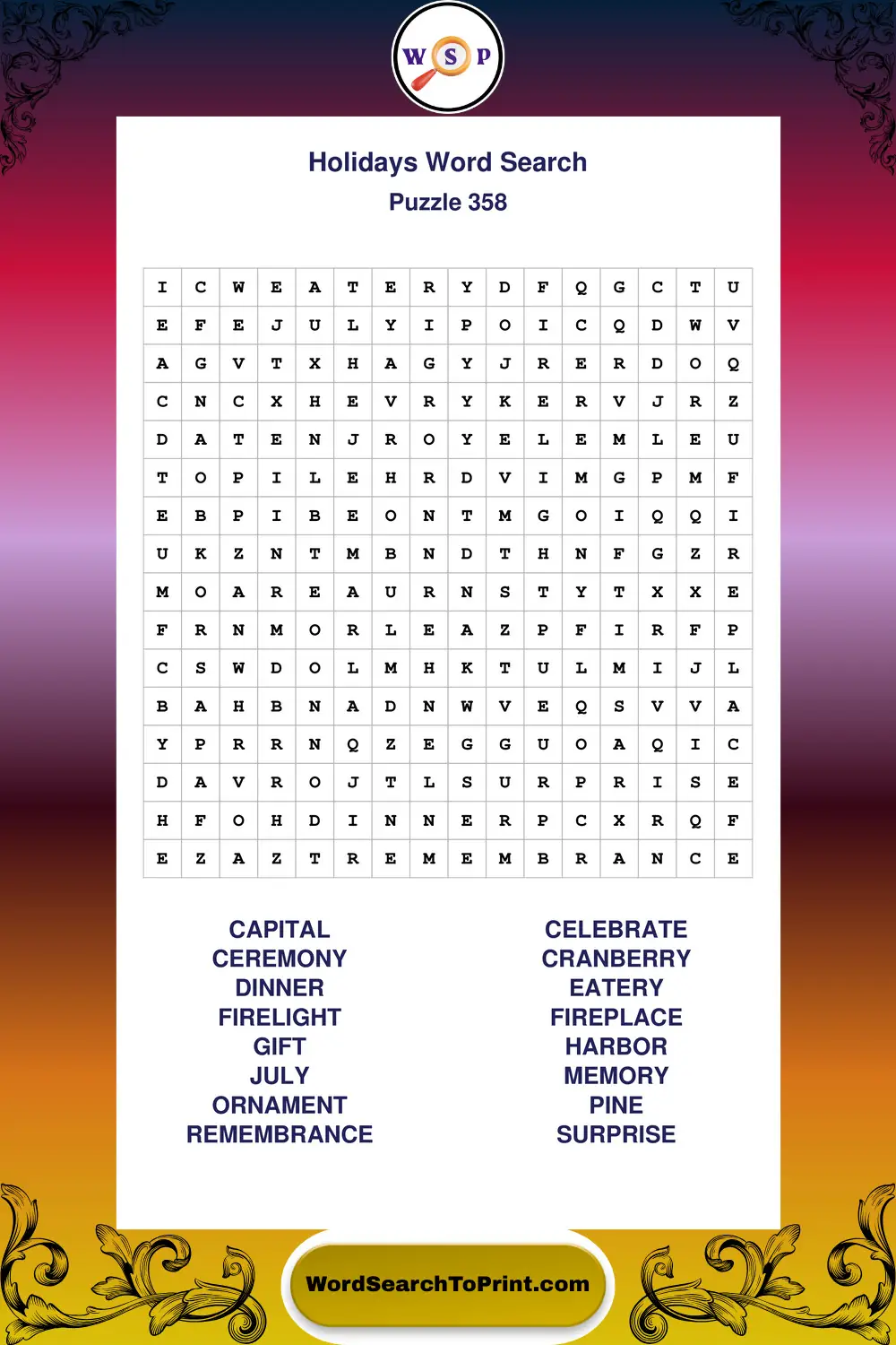 Holidays Word Search Puzzle 358