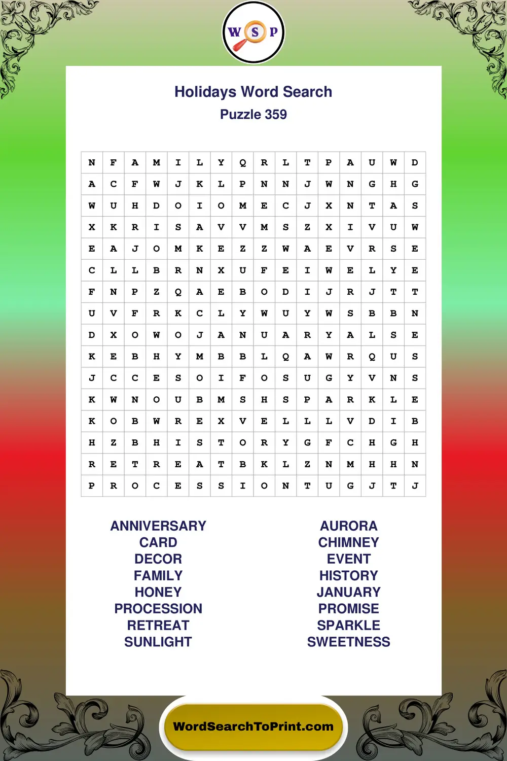 Holidays Word Search Puzzle 359