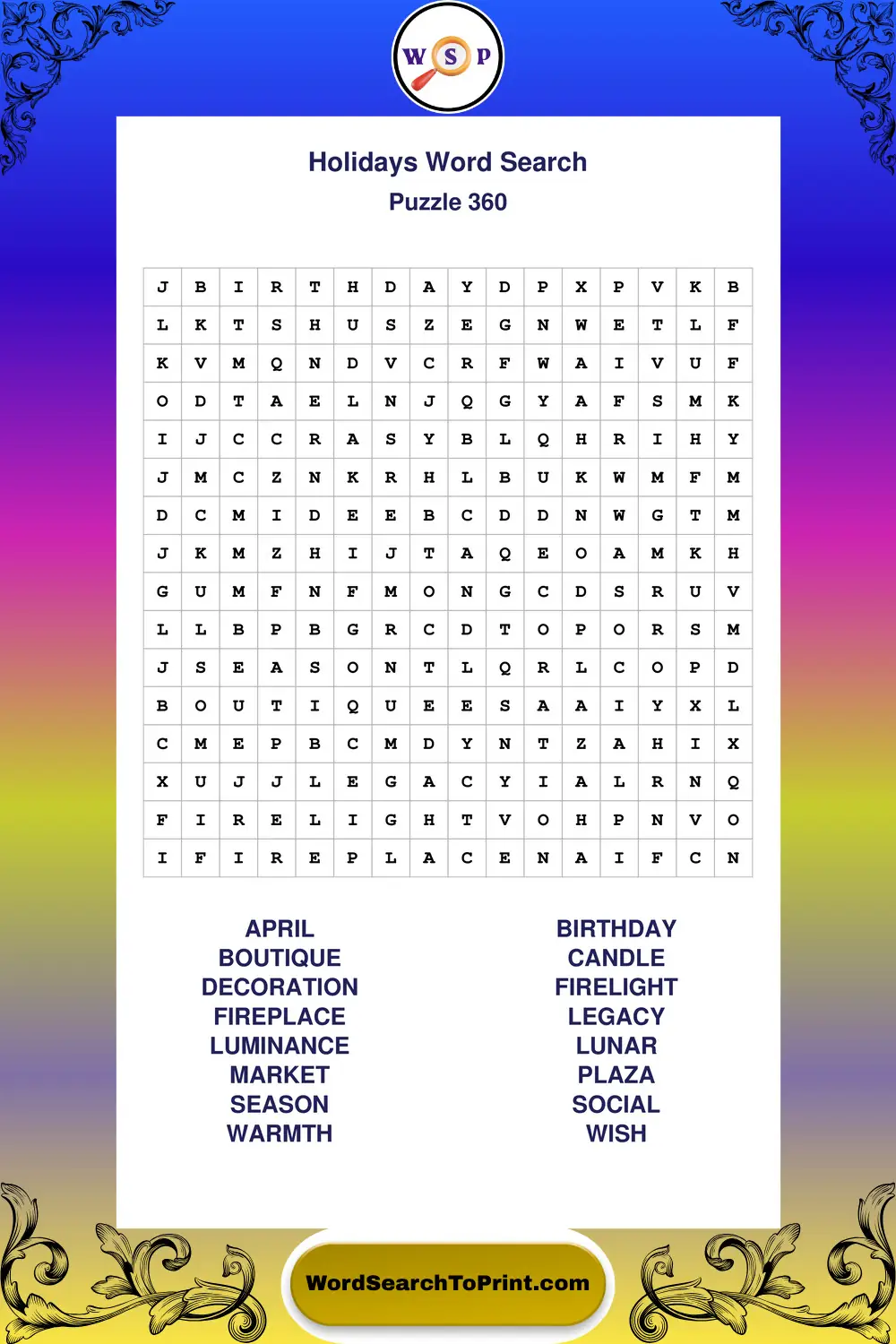 Holidays Word Search Puzzle 360