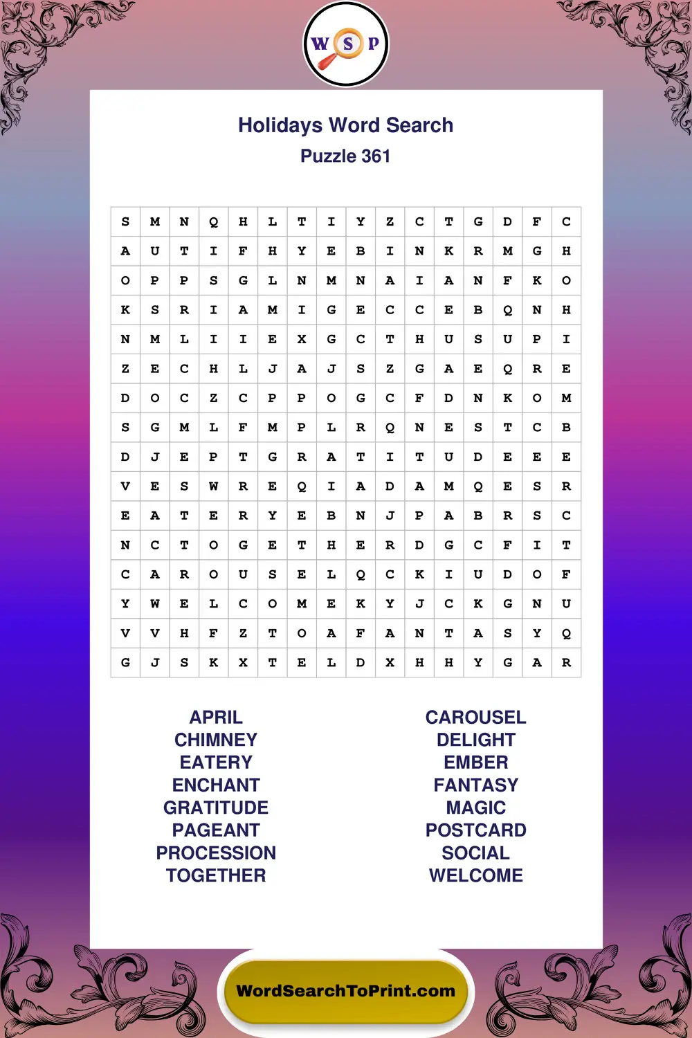 Holidays Word Search Puzzle 361