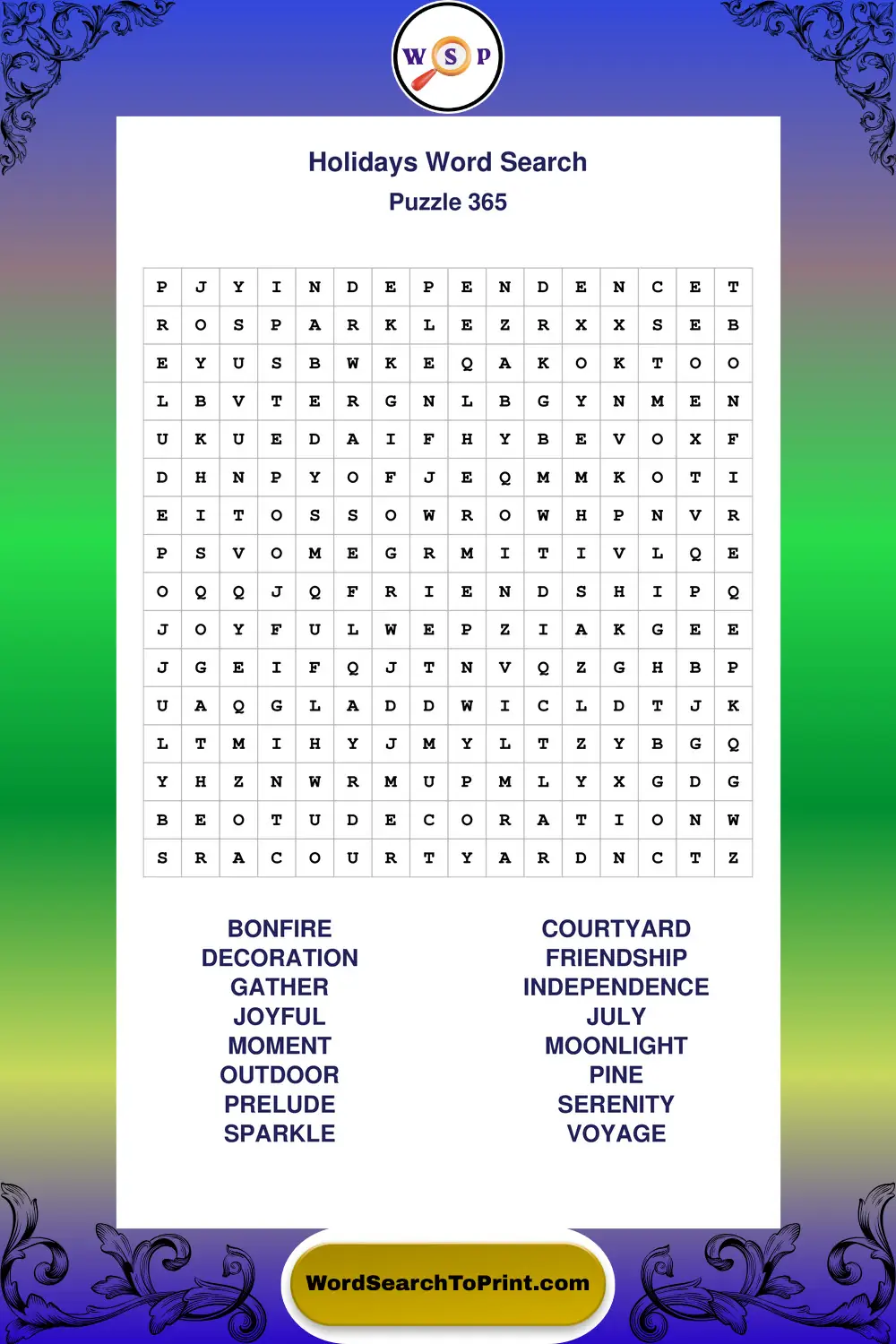 Holidays Word Search Puzzle 365