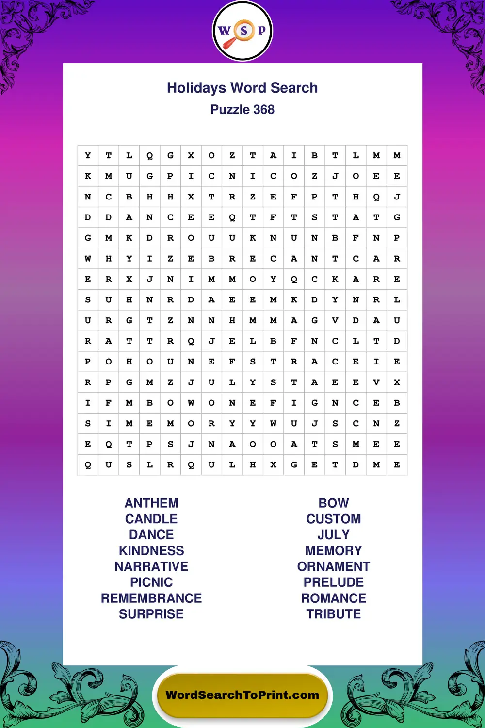 Holidays Word Search Puzzle 368