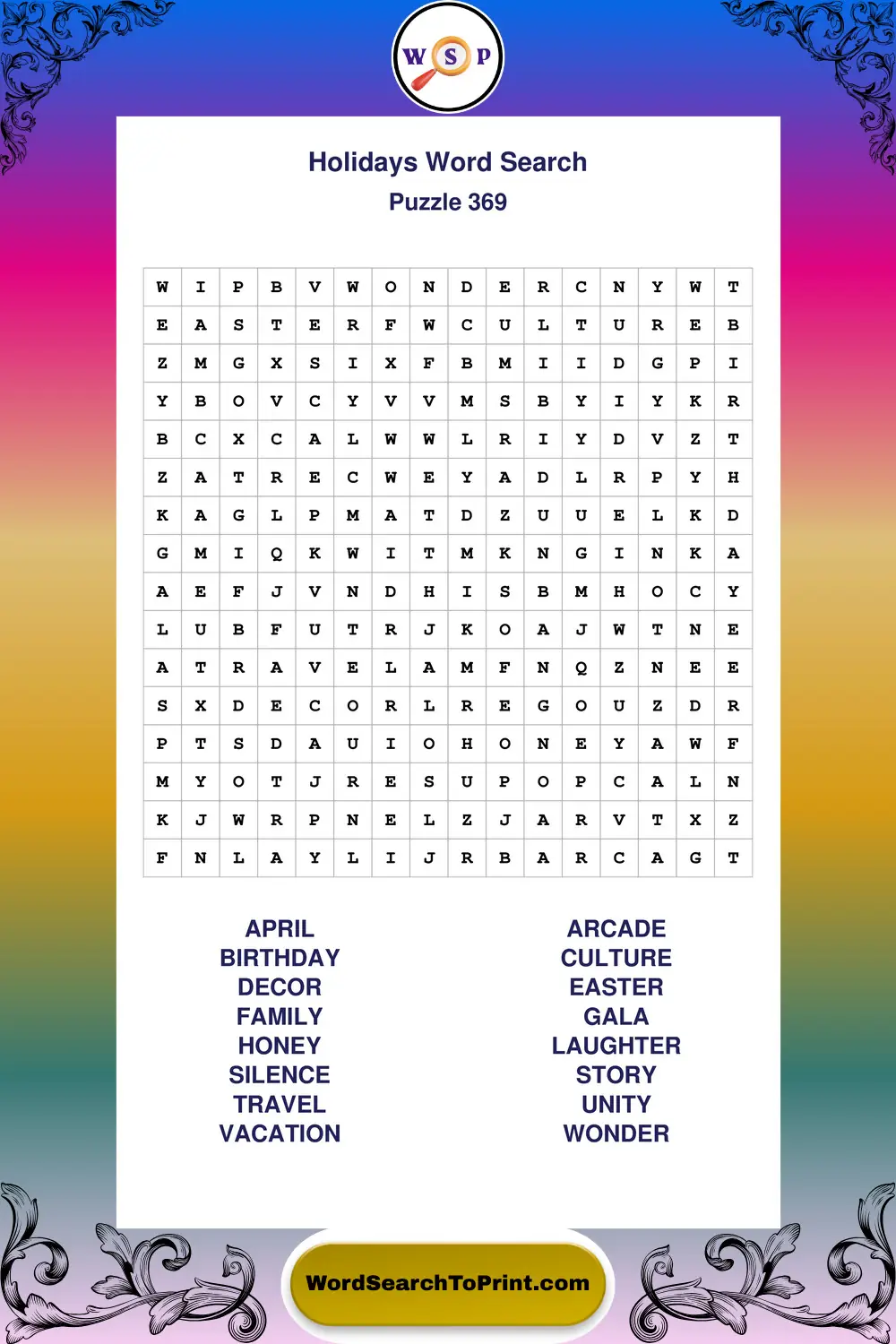 Holidays Word Search Puzzle 369