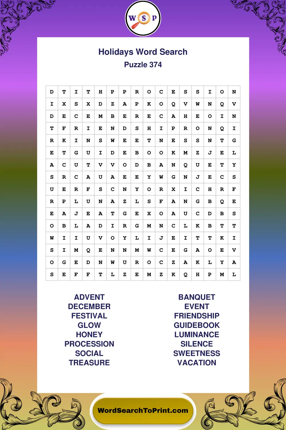 Holidays Word Search Puzzle 374