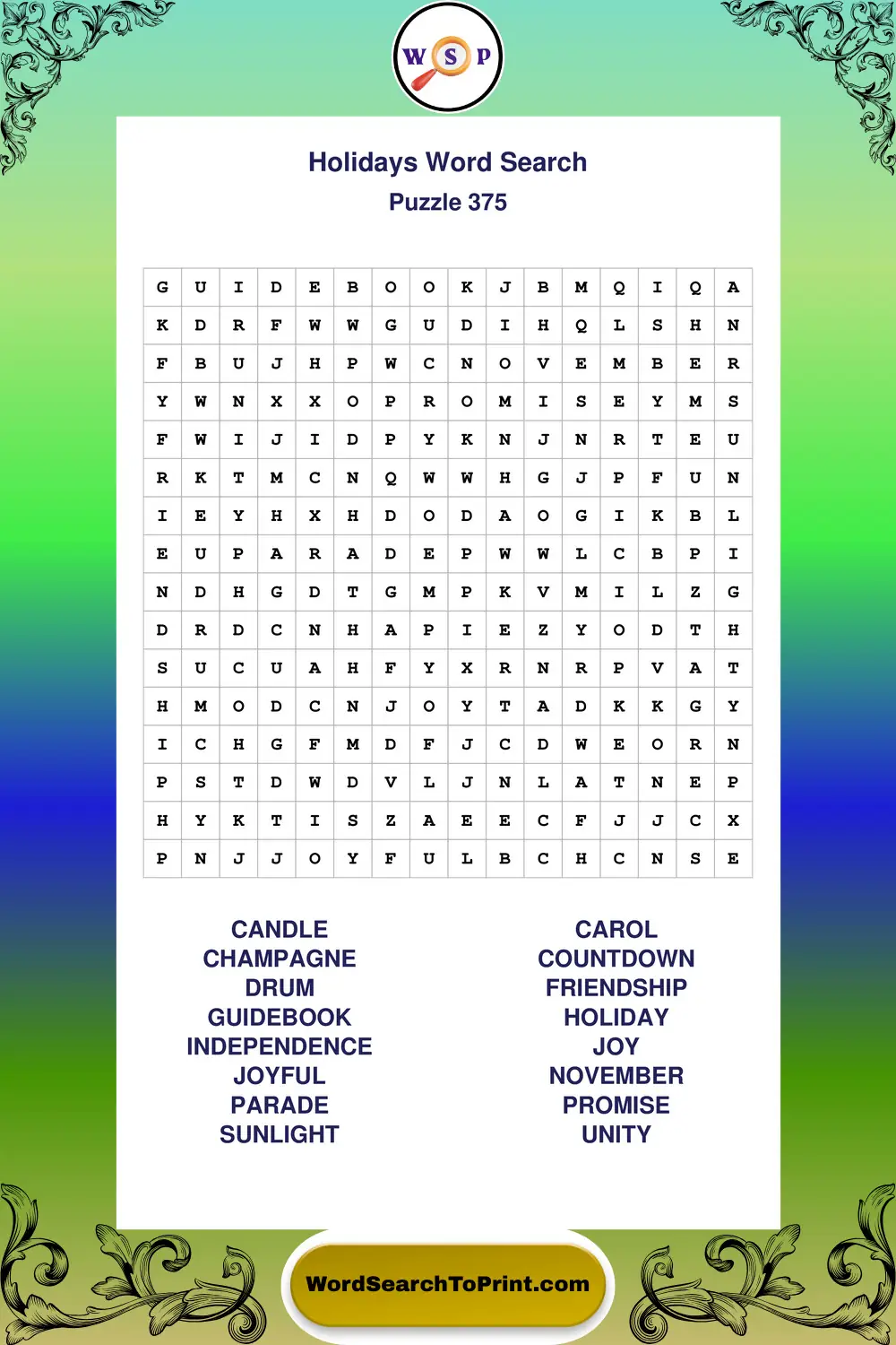 Holidays Word Search Puzzle 375
