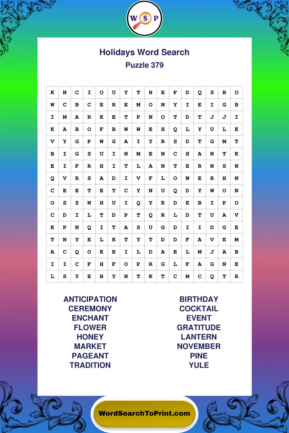 Holidays Word Search Puzzle 379