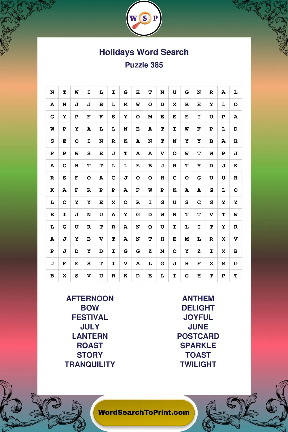Holidays Word Search Puzzle 385