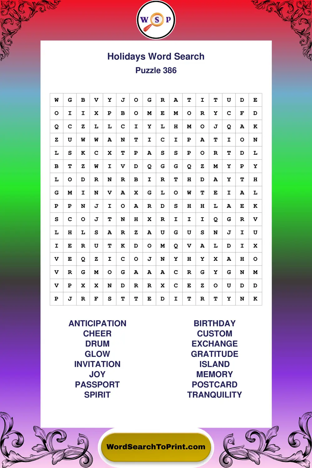 Holidays Word Search Puzzle 386