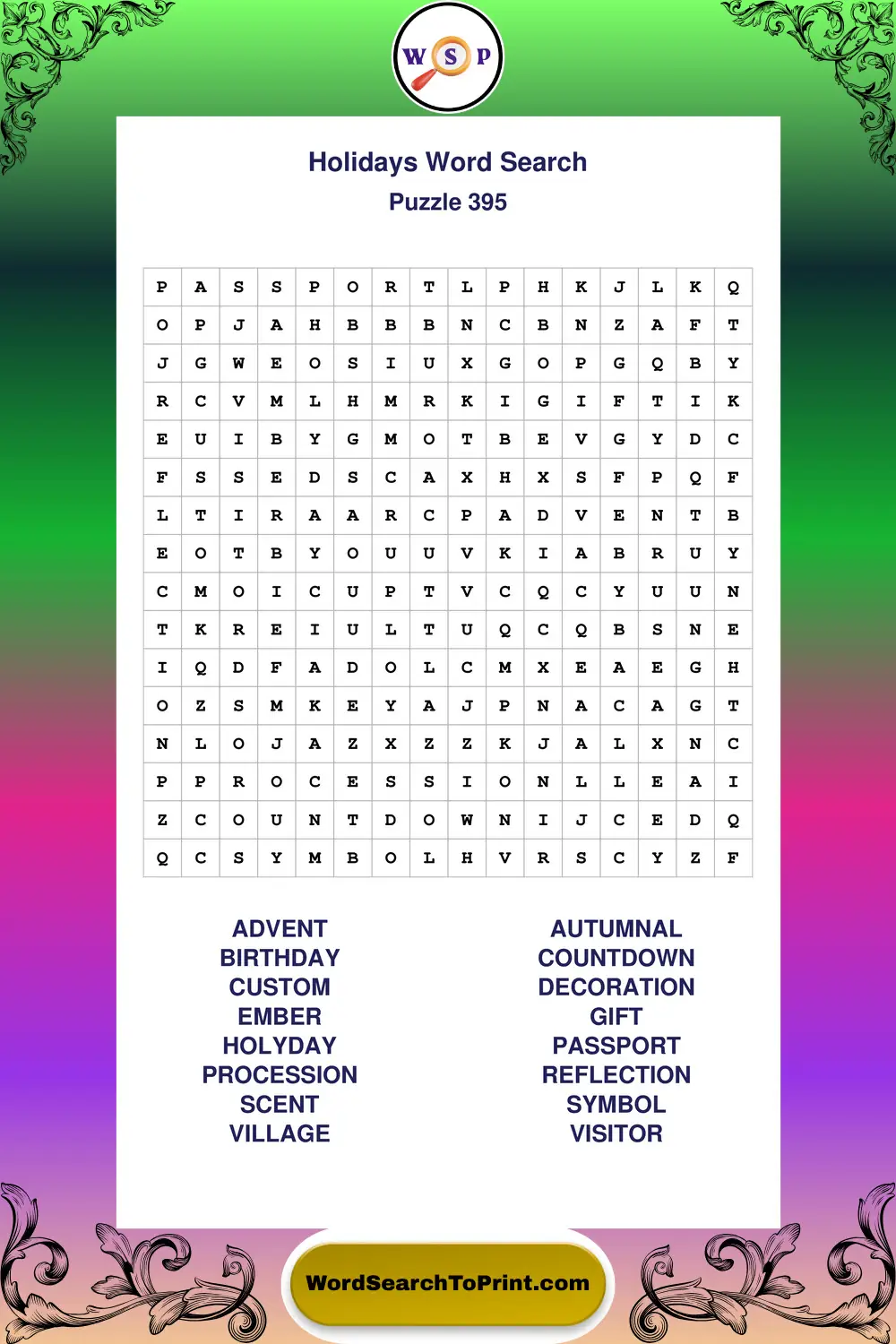 Holidays Word Search Puzzle 395