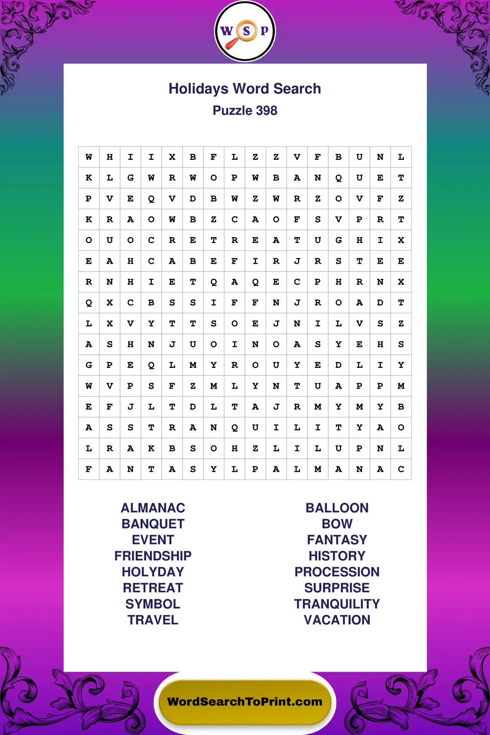 Holidays Word Search Puzzle 398