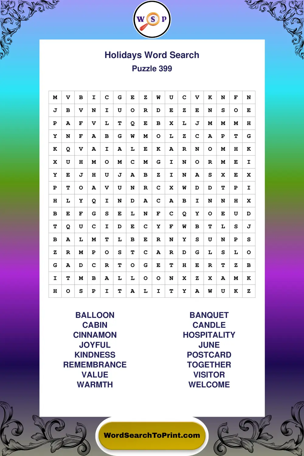 Holidays Word Search Puzzle 399
