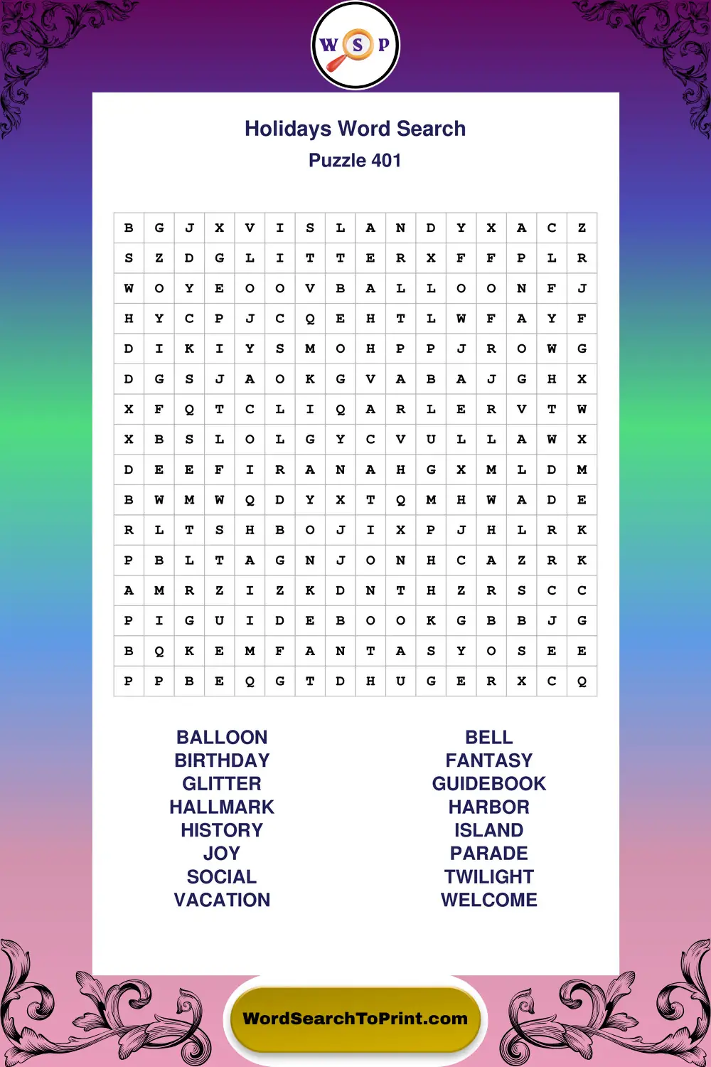 Holidays Word Search Puzzle 401
