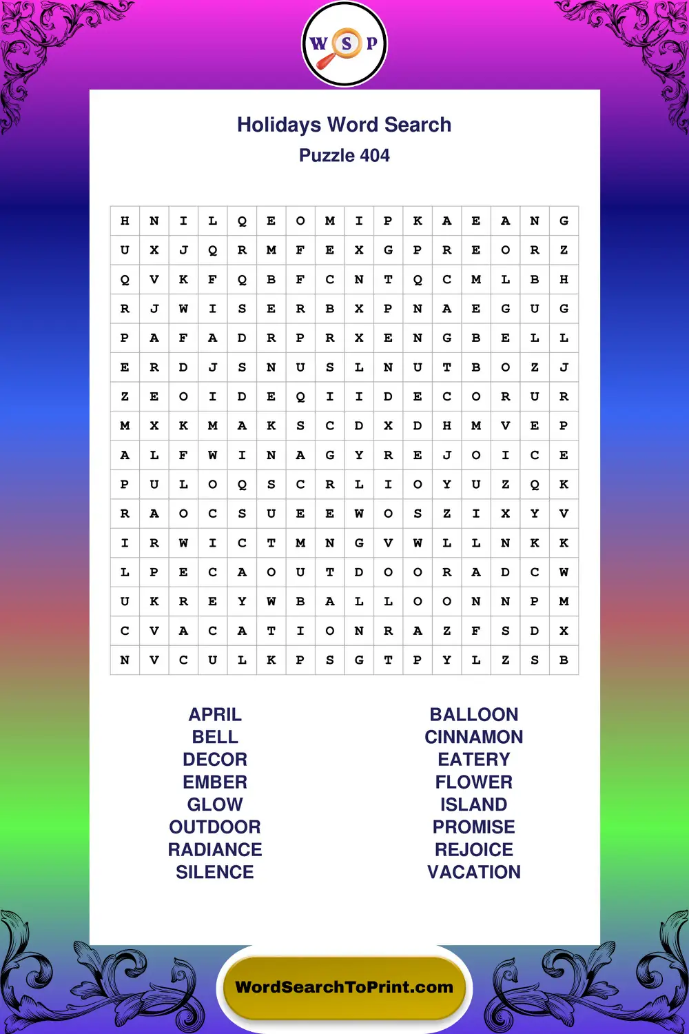 Holidays Word Search Puzzle 404
