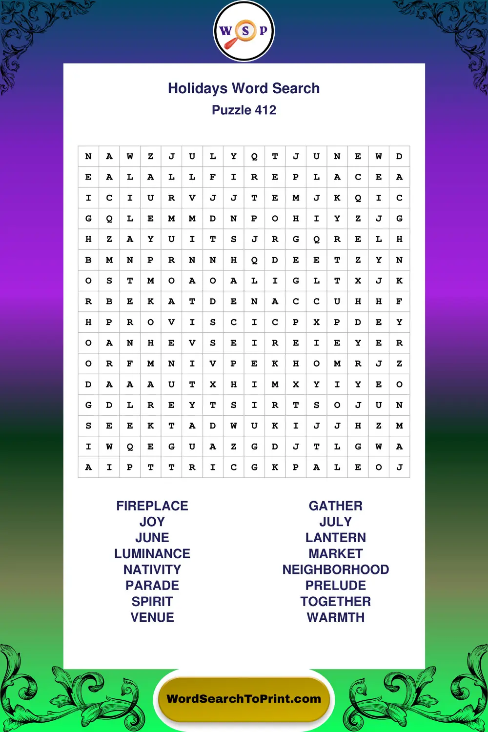Holidays Word Search Puzzle 412