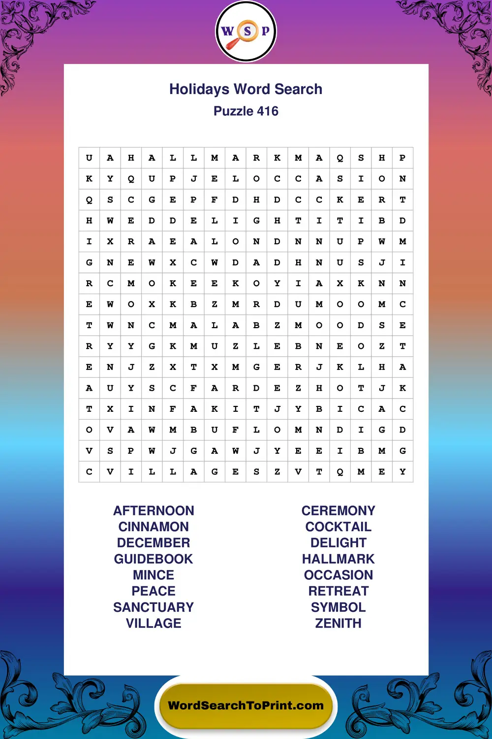 Holidays Word Search Puzzle 416