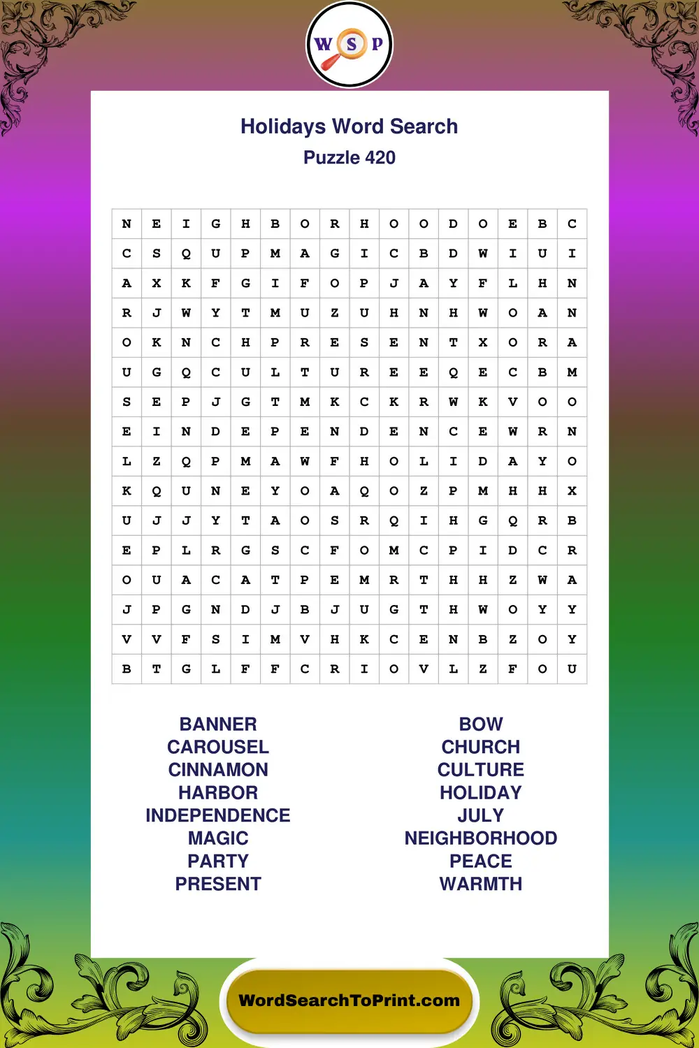 Holidays Word Search Puzzle 420