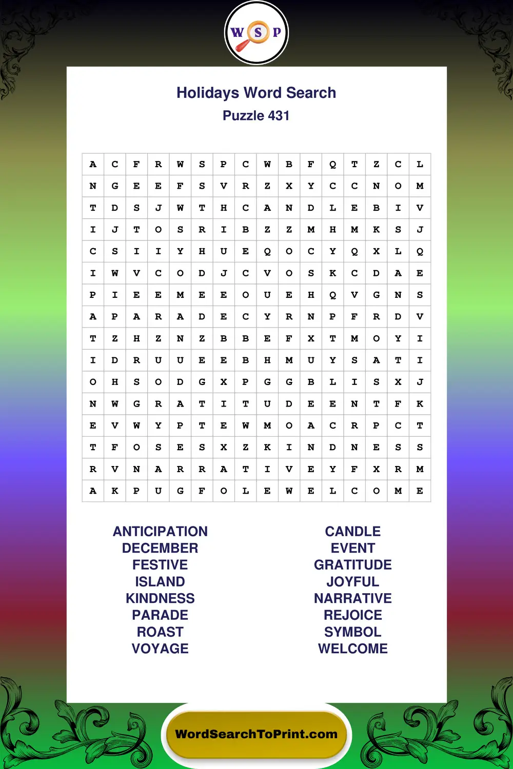 Holidays Word Search Puzzle 431