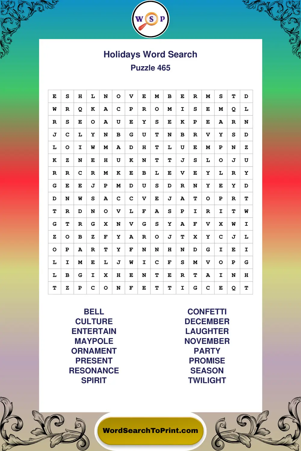 Holidays Word Search Puzzle 465