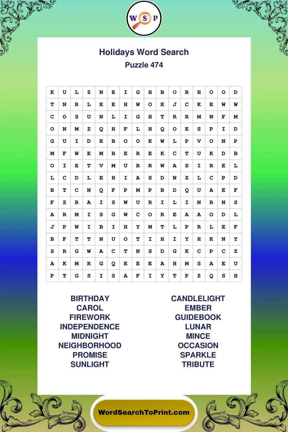 Holidays Word Search Puzzle 474