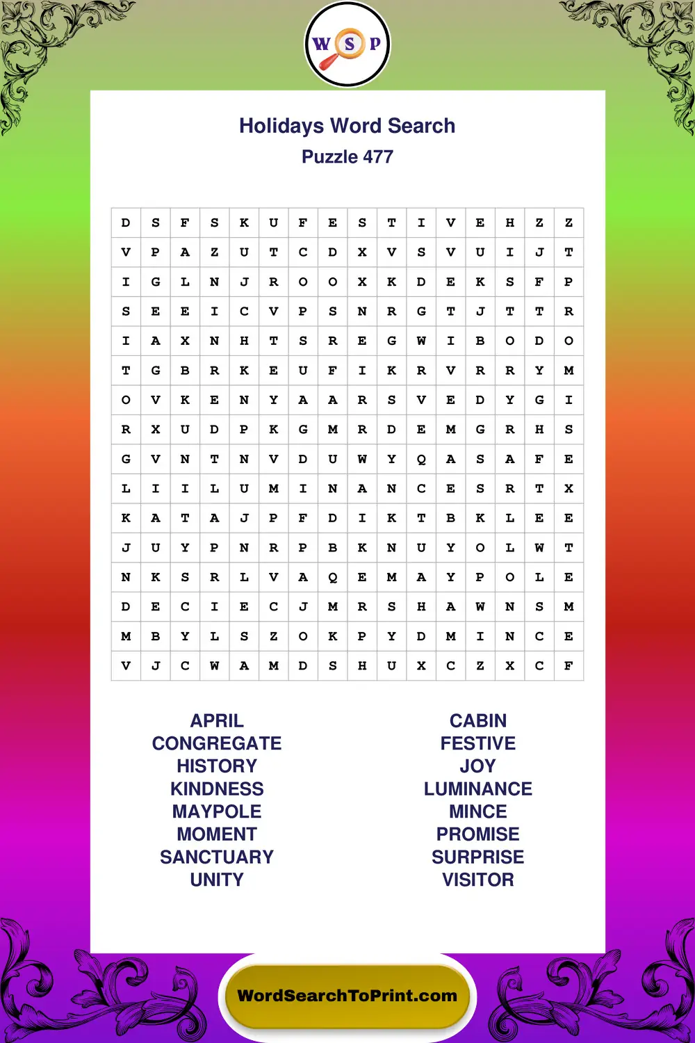 Holidays Word Search Puzzle 477