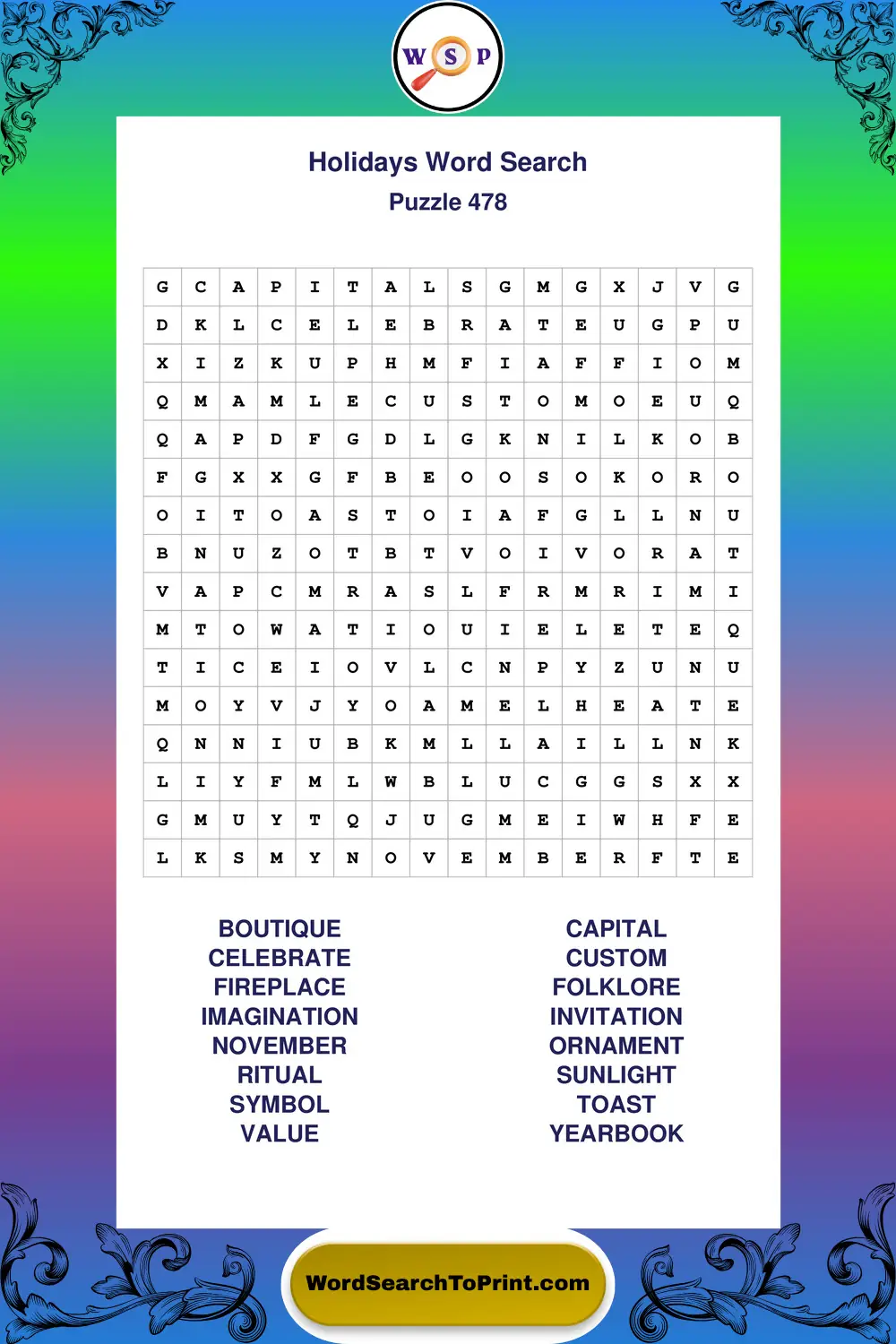 Holidays Word Search Puzzle 478