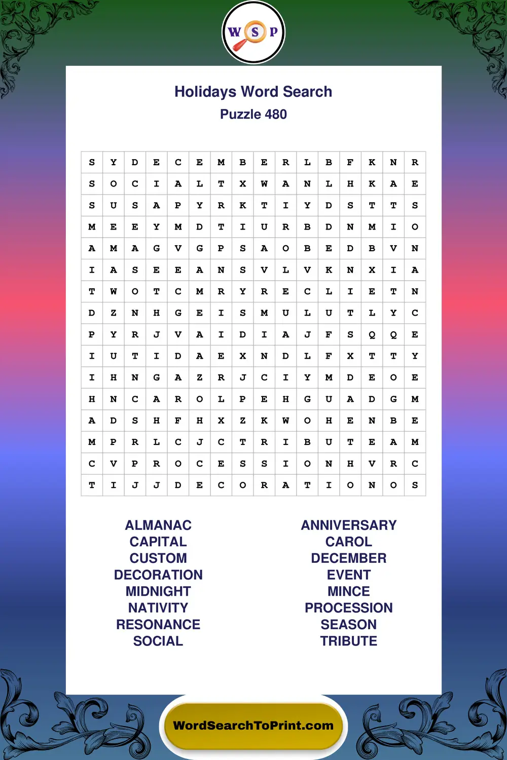 Holidays Word Search Puzzle 480