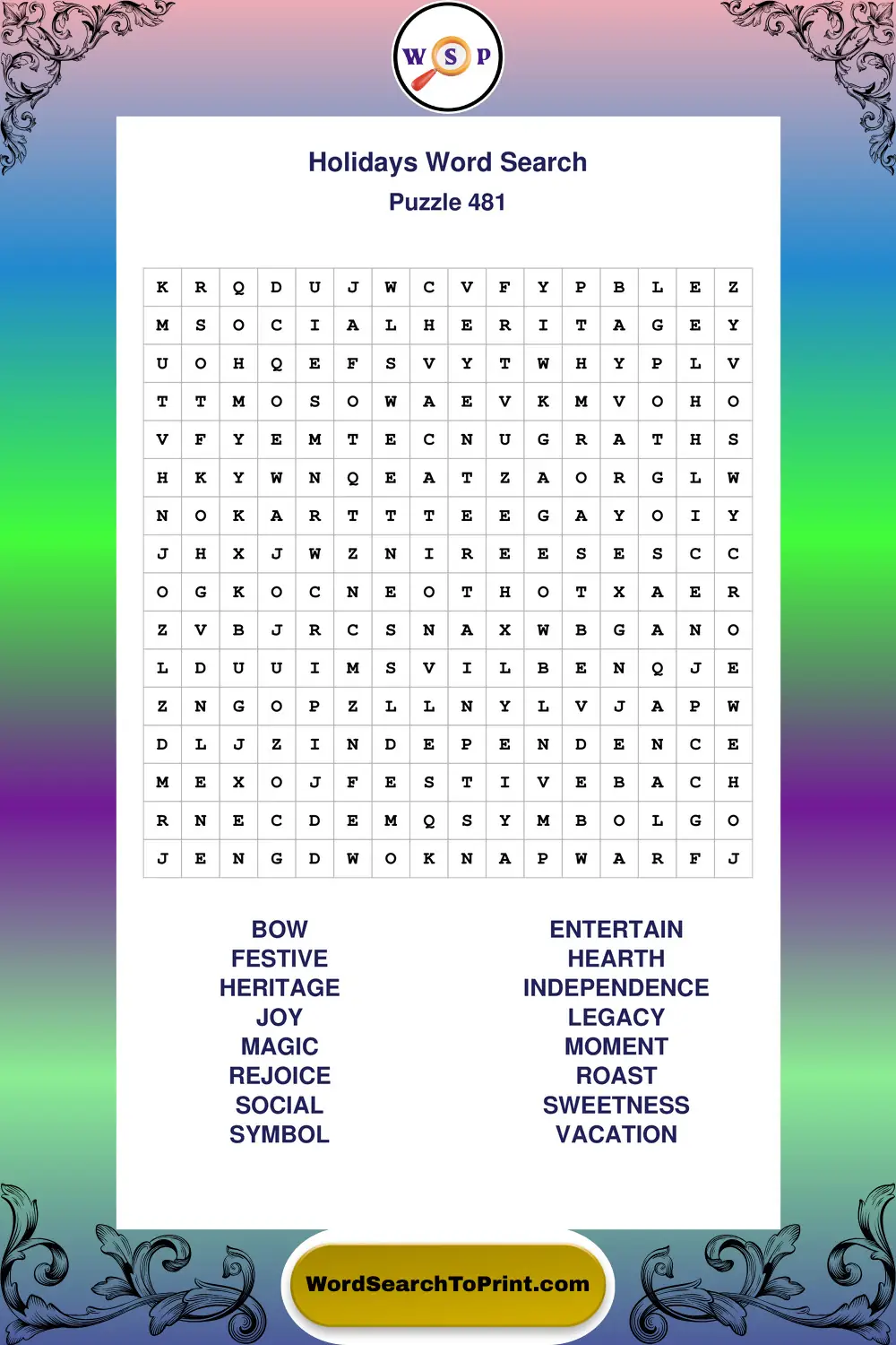Holidays Word Search Puzzle 481