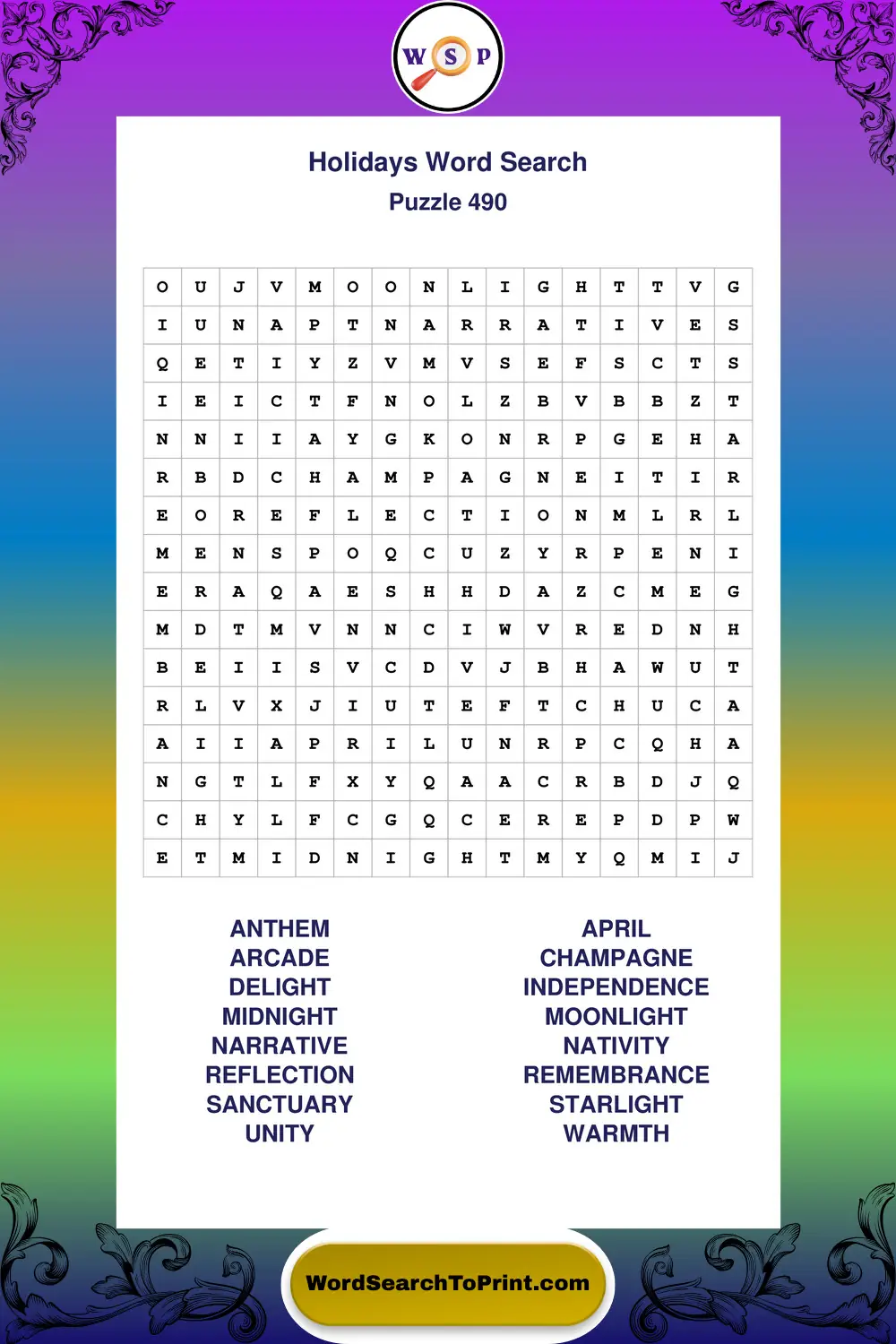 Holidays Word Search Puzzle 490