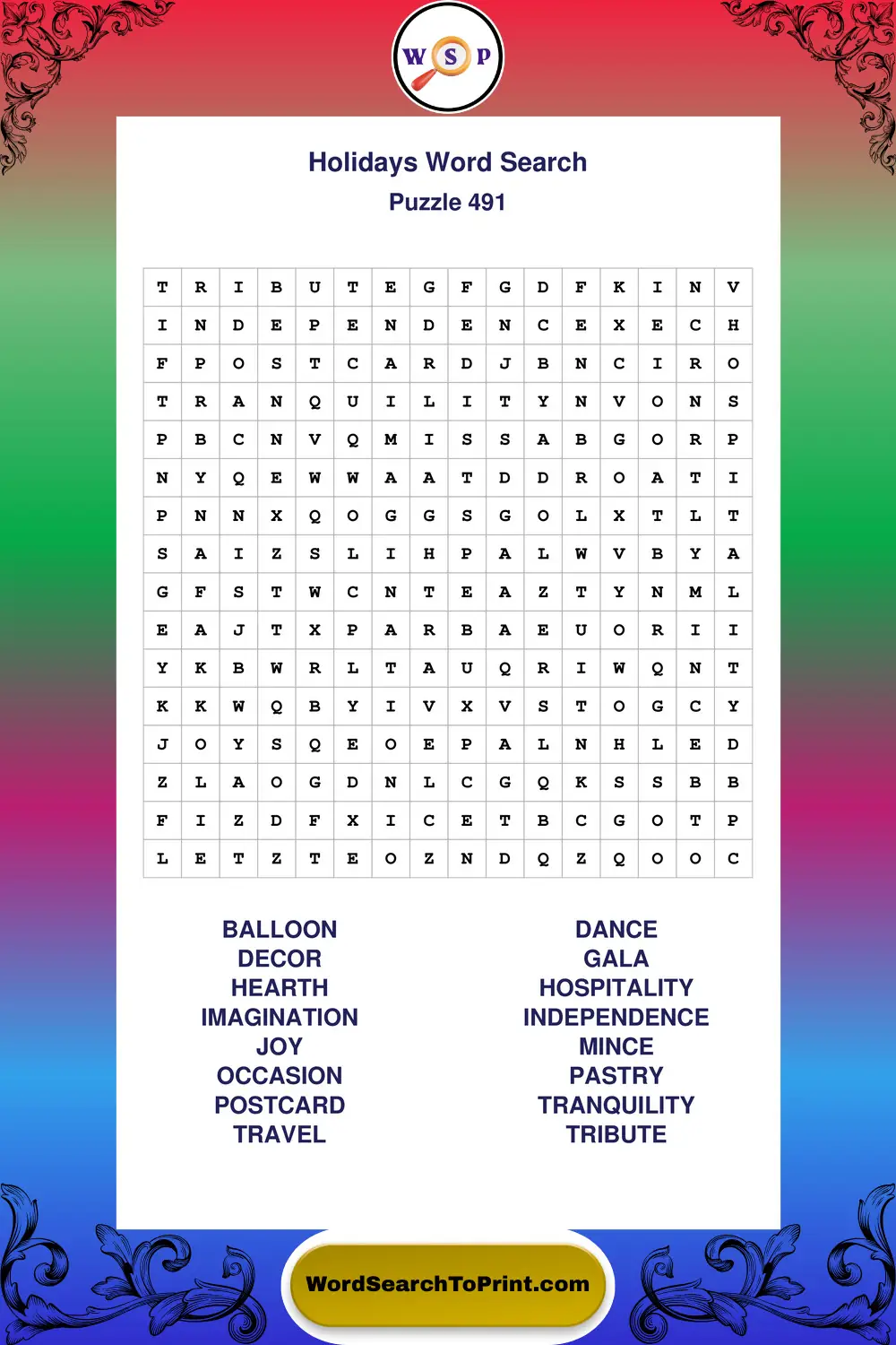 Holidays Word Search Puzzle 491