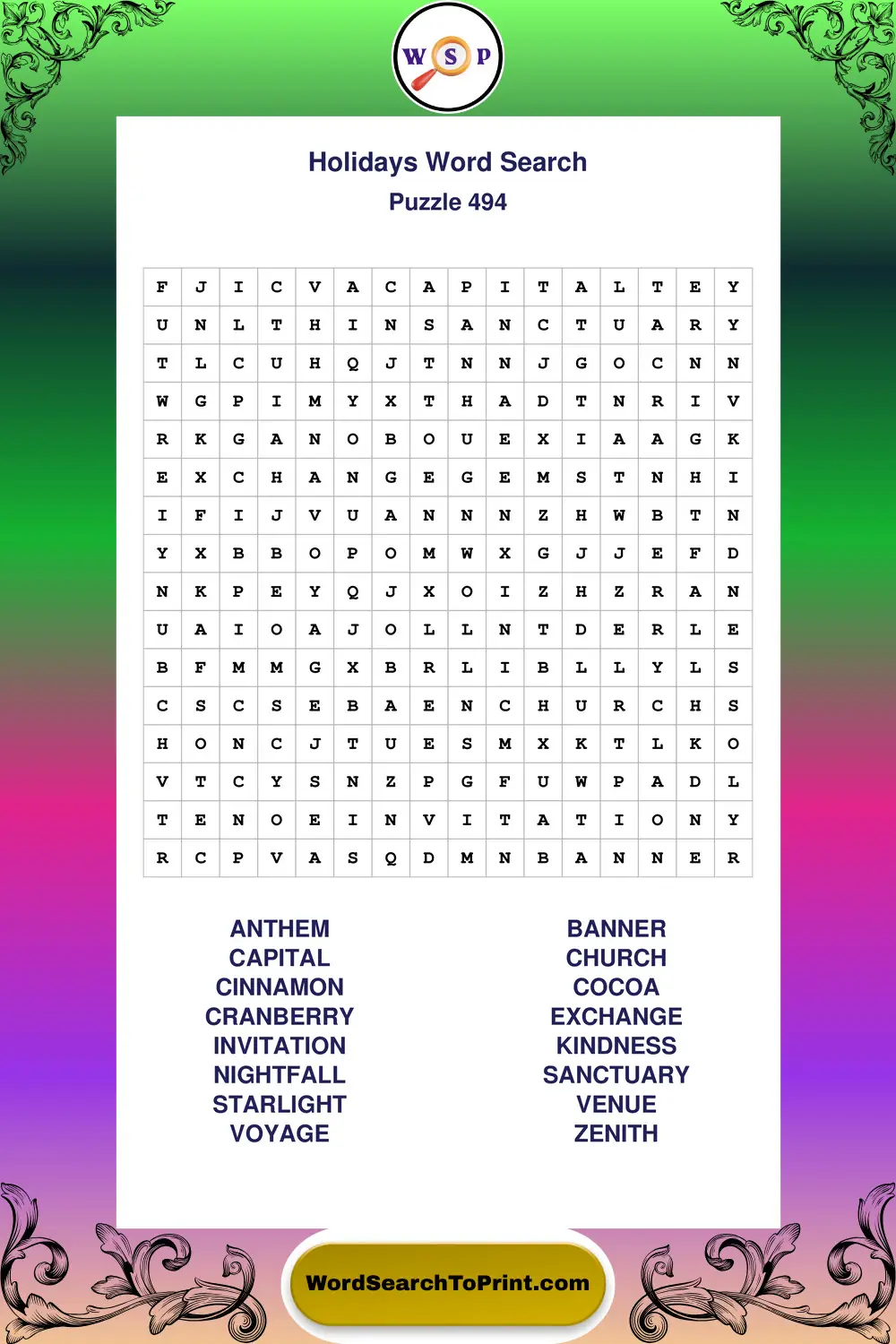 Holidays Word Search Puzzle 494