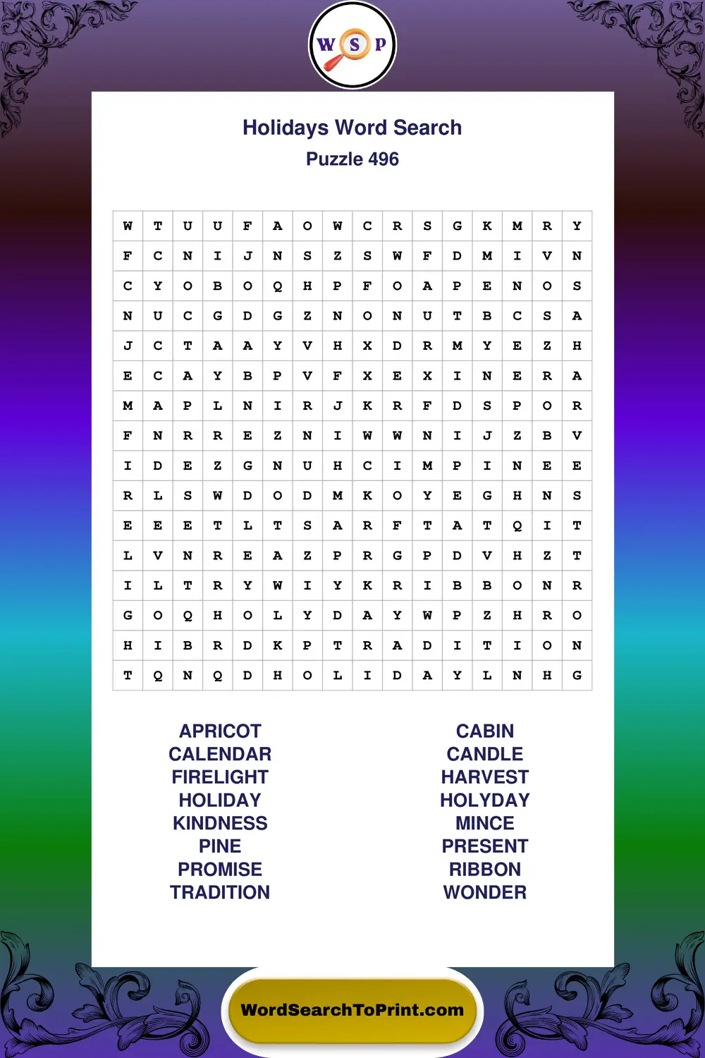 Holidays Word Search Puzzle 496
