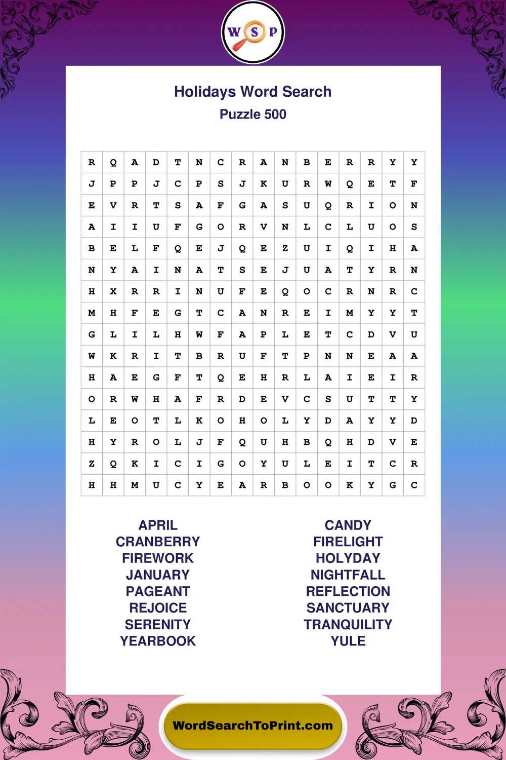Holidays Word Search Puzzle 500