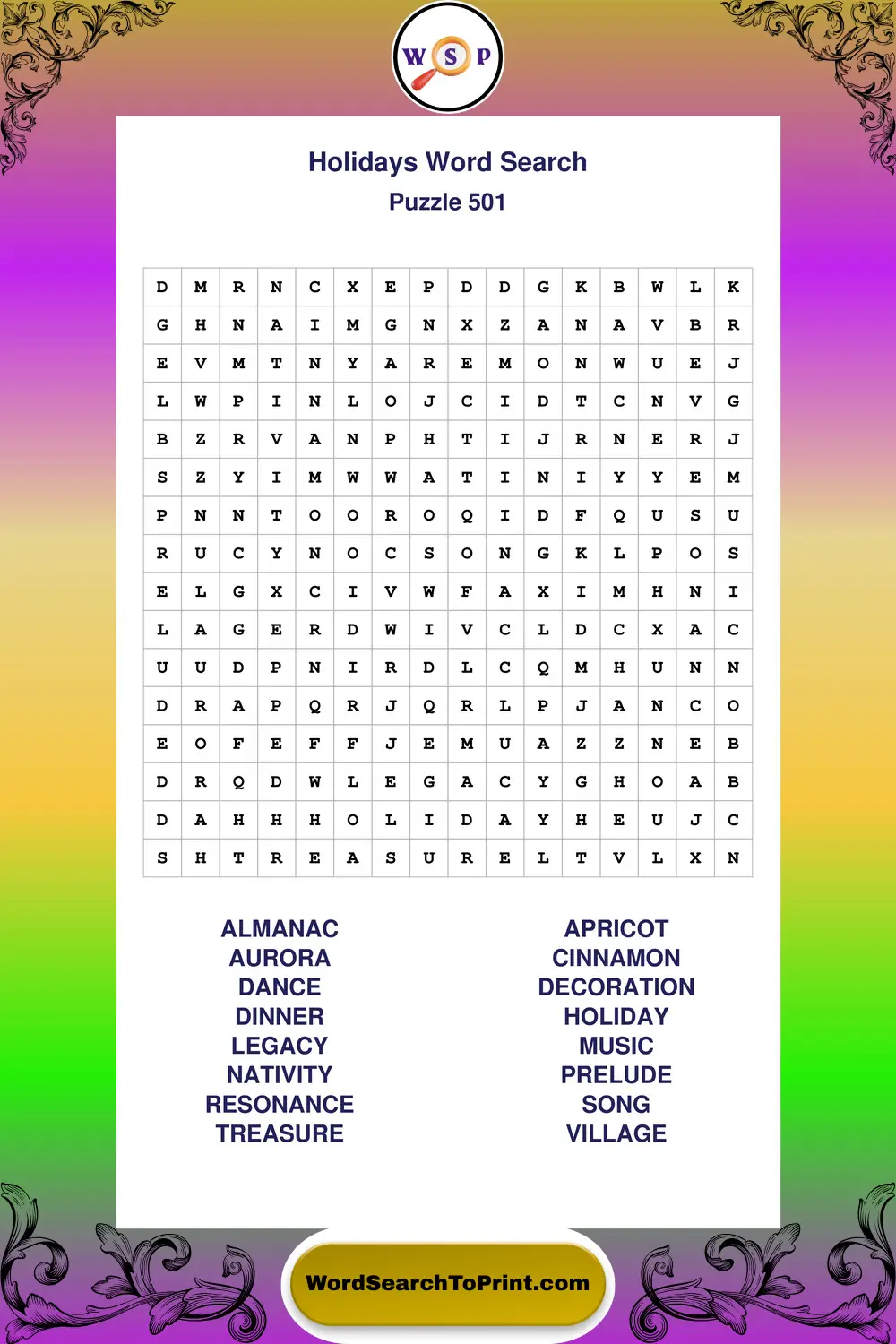 Holidays Word Search Puzzle 501