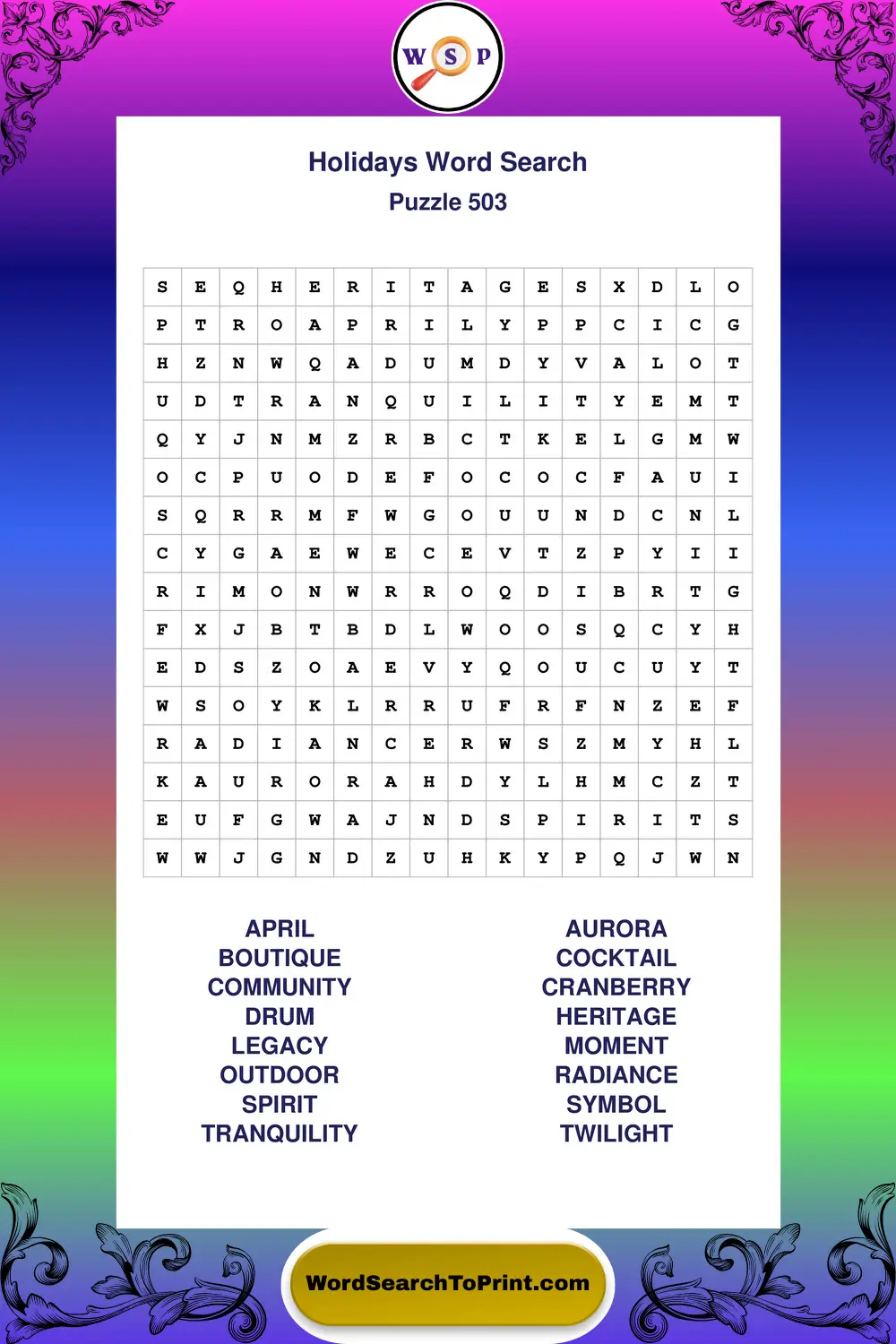 Holidays Word Search Puzzle 503