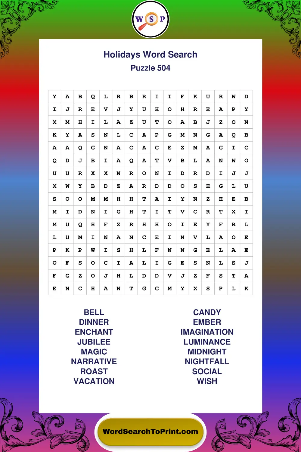 Holidays Word Search Puzzle 504